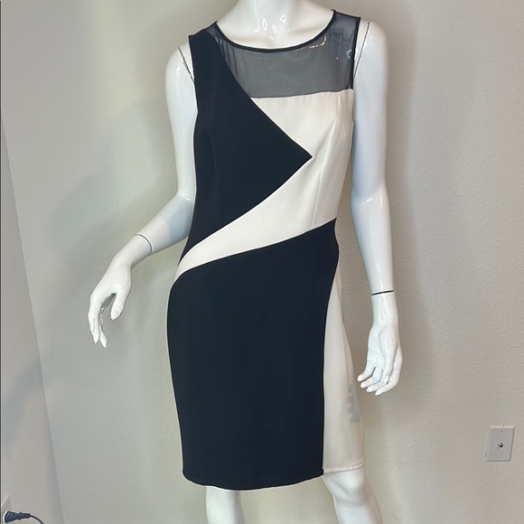 Rickie Freeman for Teri Jon Black and White Asymmetrical Sheath Dress - Picture 1 of 11